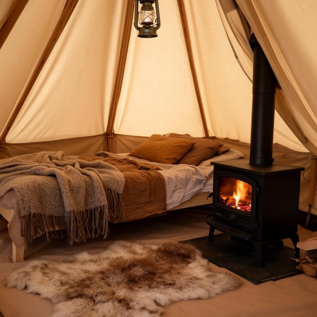Cosy bell tent interior with a wood stove and bed